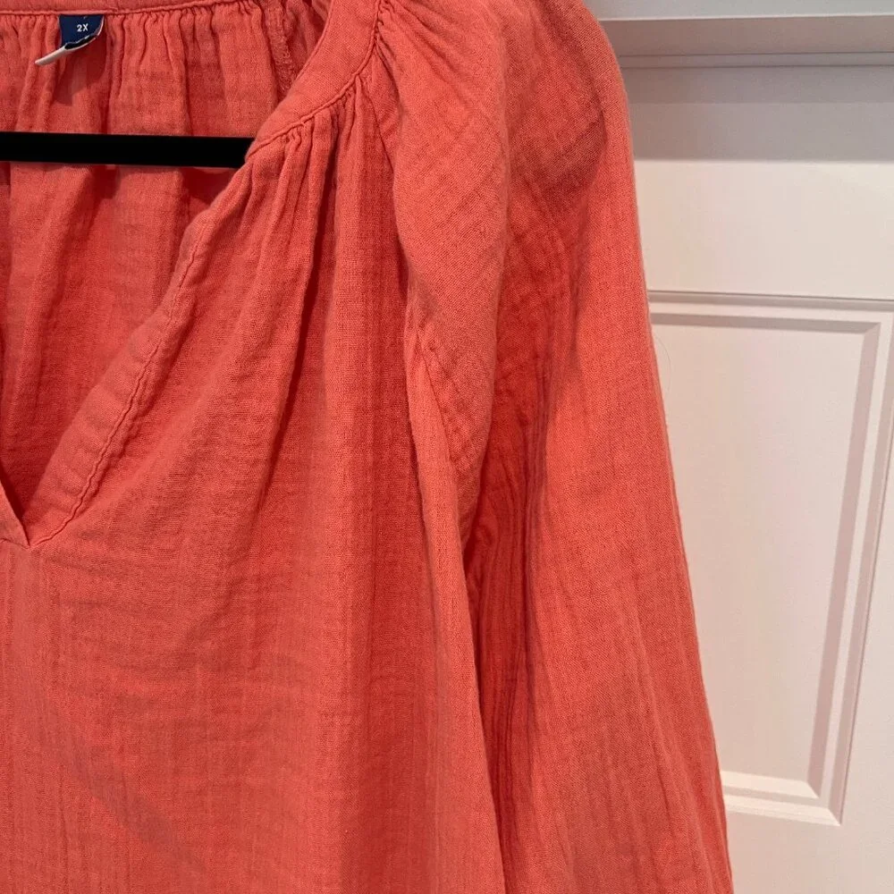 Old Navy Women 100% Cotton Coral Relaxed Crinkle-Gauze Split-Neck Blouse,Size 2X